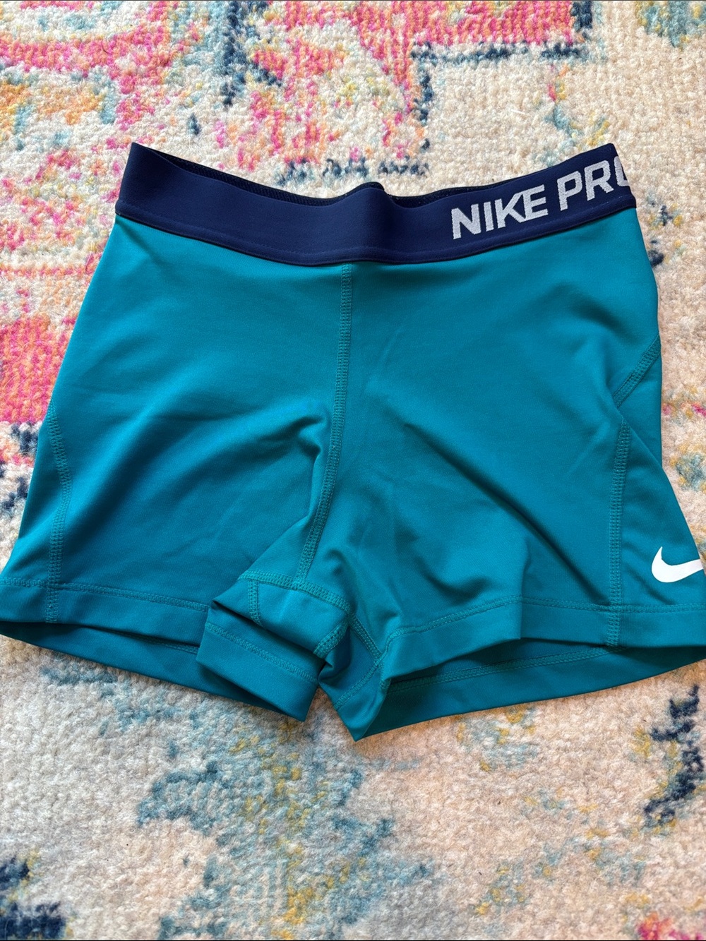 Women’s Nike Pro Teal Shorts with Navy Waistband